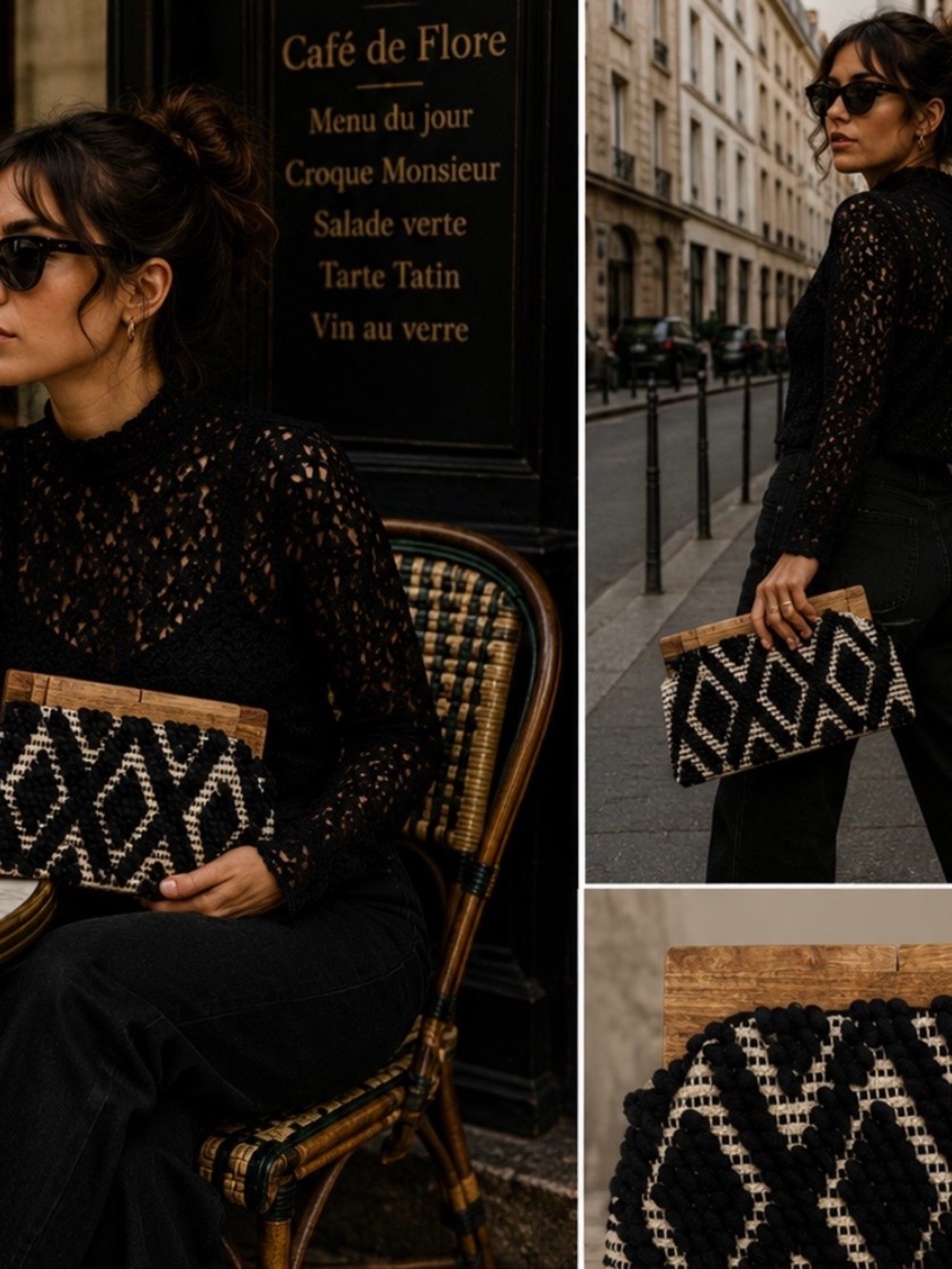 NWT Fabulous MJ New York Black White Woven Loop Wood Frame Clutch HB-808